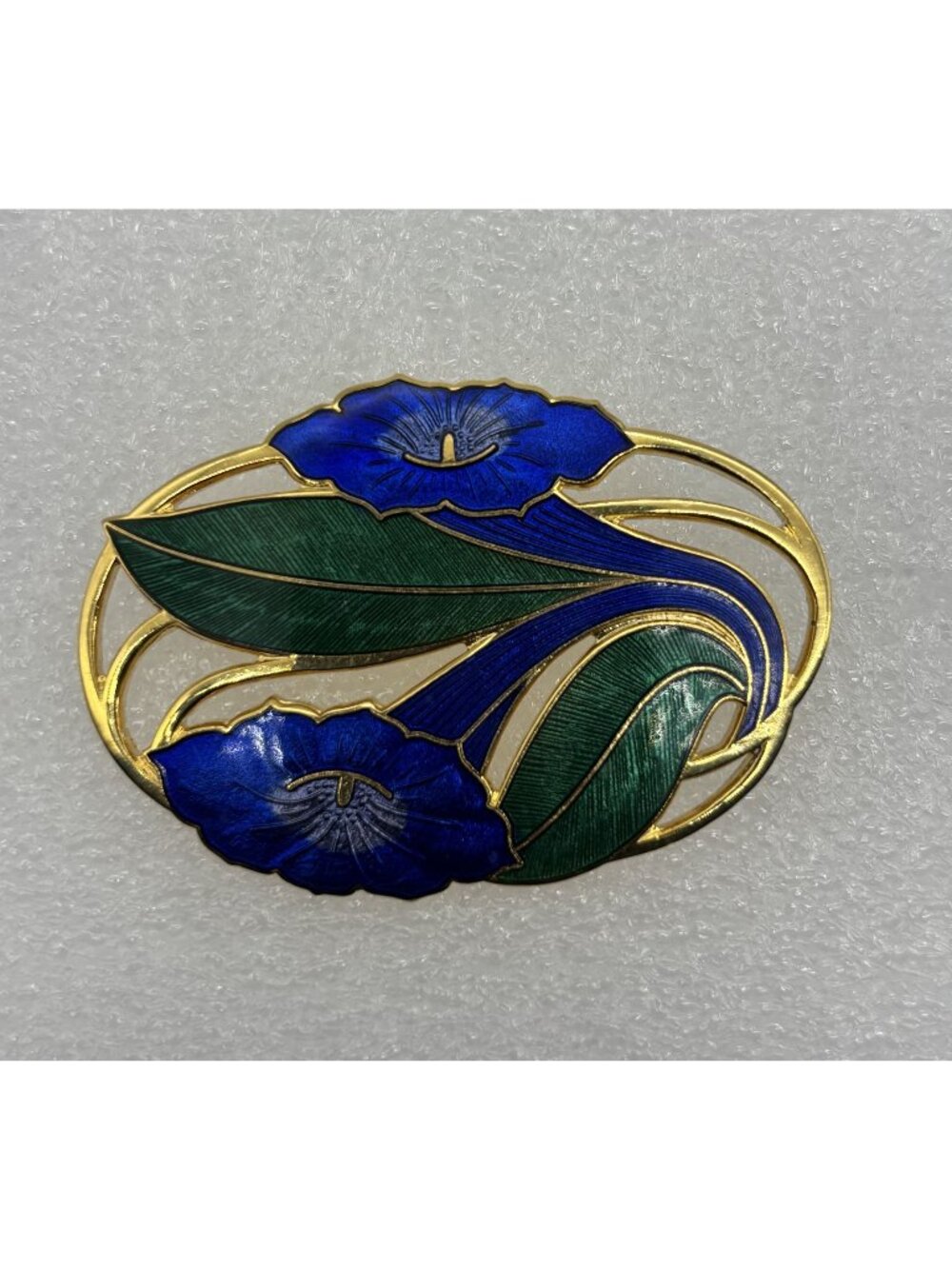Vintage Fish and Crown Enamel Cloisonne Brooch Open-Work Deep Blue Floral Signed
